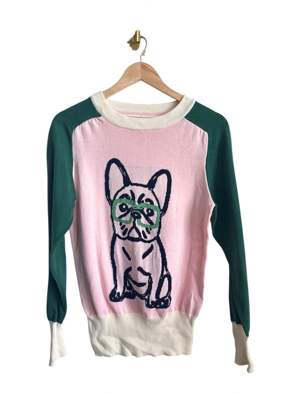 OXKNIT French Bulldog Colorblock Cotton Sweater Pink Green Retro Knit Medium